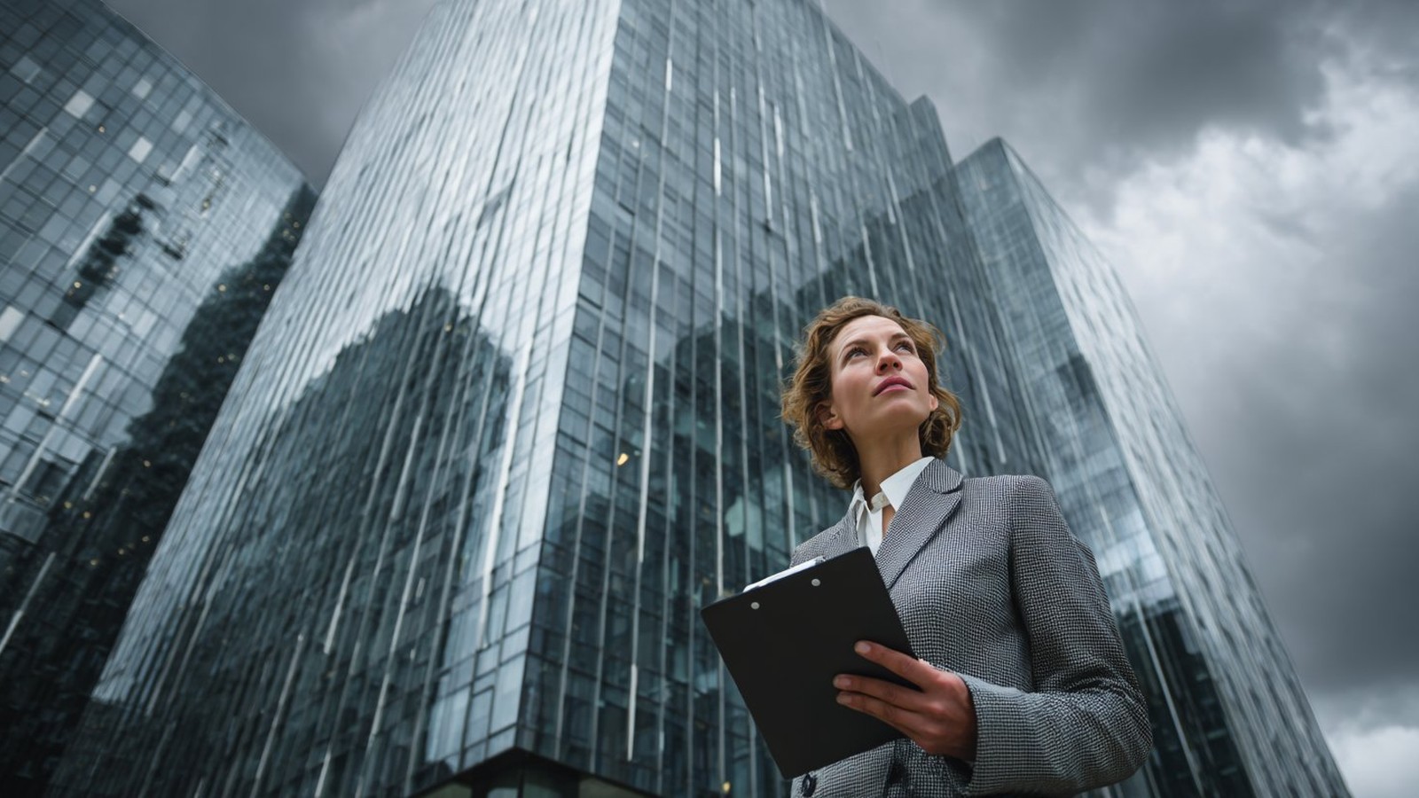 Property manager reviewing building maintenance outside glass commercial tower — Adelaide